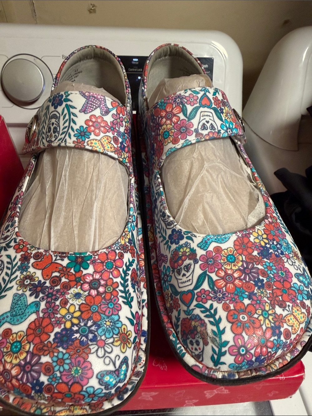 Alegria Mary Jane Clogs in White with Multicolor Floral & Skull Print